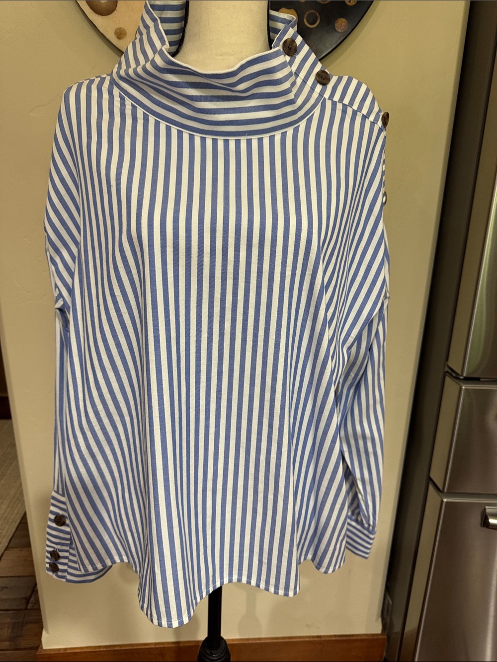 LOFT Blue and White Striped Button-Shoulder Funnel Neck Top